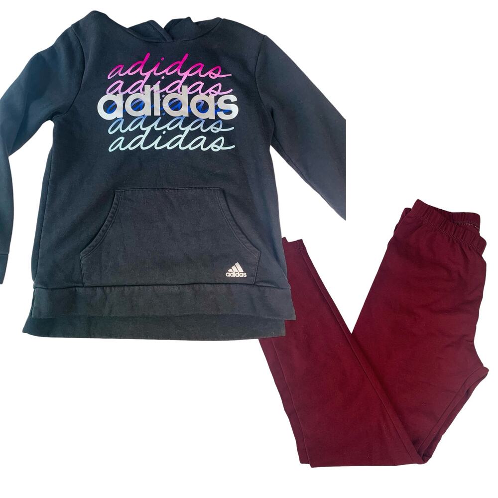 Adidas Girls Size L 2-Piece Set Printed Hoodie & Leggings Black Burgundy